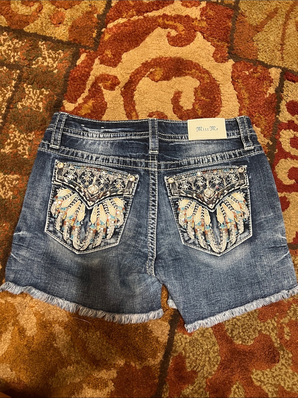 Miss Me Distressed Denim Shorts with Embroidered Beaded Pockets - Blue